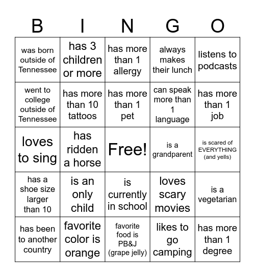 People Bingo Card