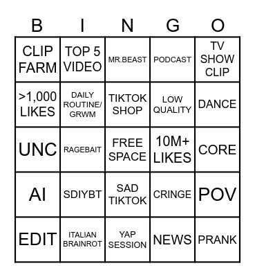 TIKTOK BINGO BOARD COMPETITION Bingo Card