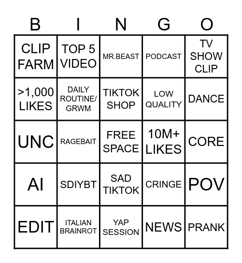 TIKTOK BINGO BOARD COMPETITION Bingo Card
