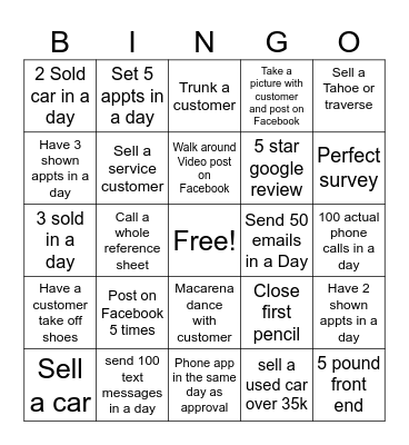 Car Sales SPIFF Bingo Card