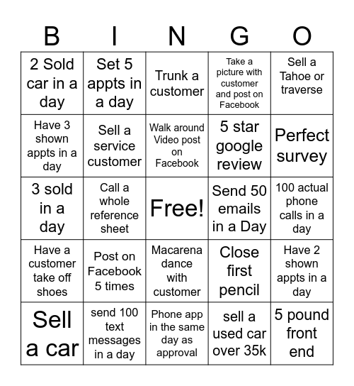 Car Sales SPIFF Bingo Card