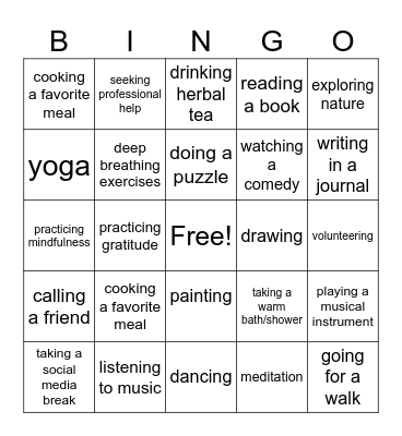 coping skills Bingo Card