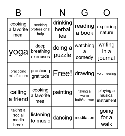 coping skills Bingo Card