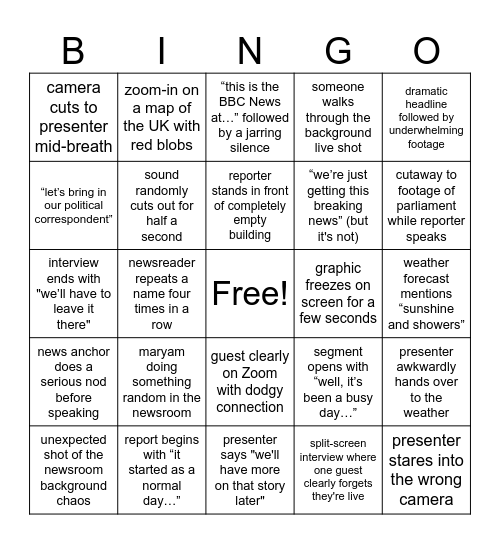 BBC News Bingo Card