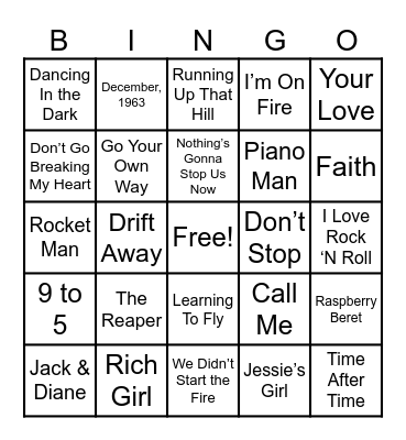 Roadtrip Songs Bingo Card