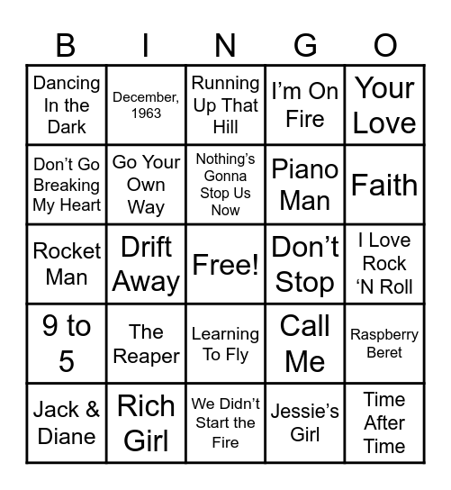 Roadtrip Songs Bingo Card