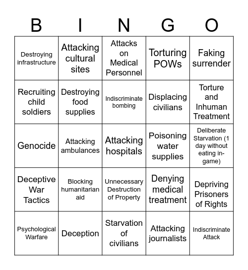 Geneva Convention Bingo Card
