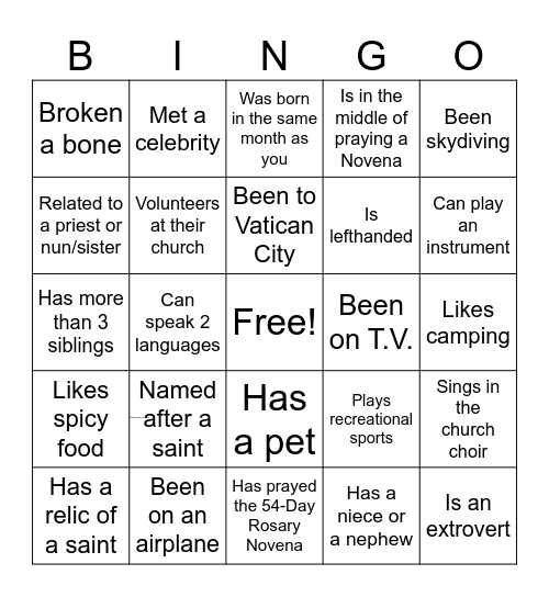 Catholic Speed Dating Bingo! Bingo Card