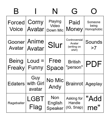 Roblox VC Bingo Card