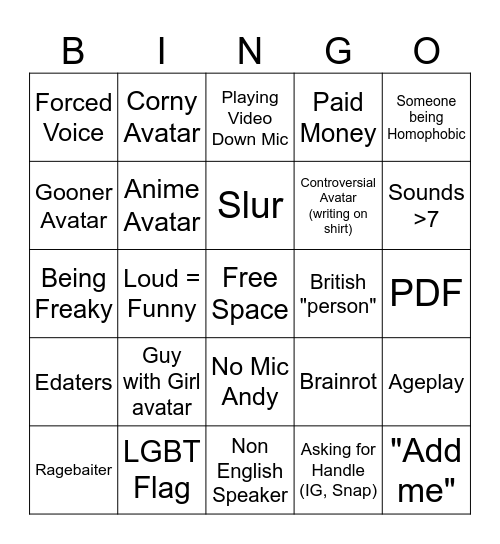 Roblox VC Bingo Card