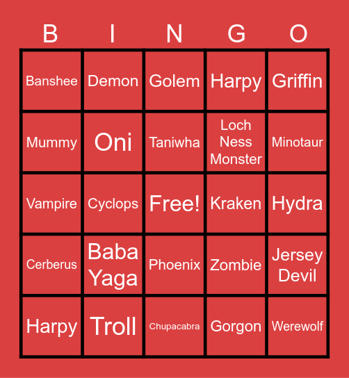 MONSTERS Bingo Card