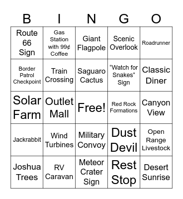 San Diego to the Grand Canyon Bingo Card