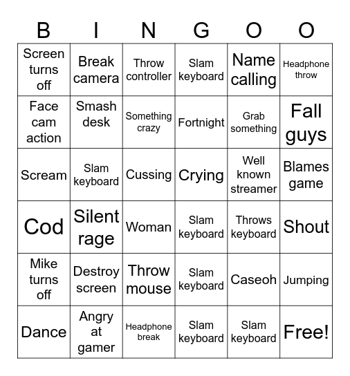 Gamer rage Bingo Card