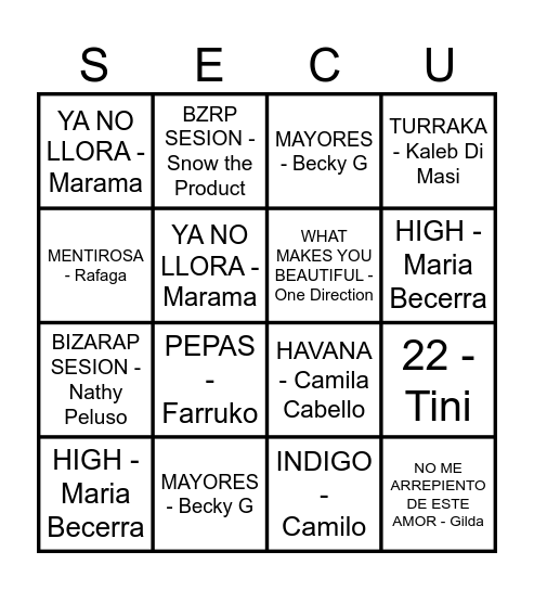 BINGO MUSICAL con canciones argentinas Bingo Card