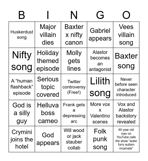 Hazbin hotel S2 Bingo Card