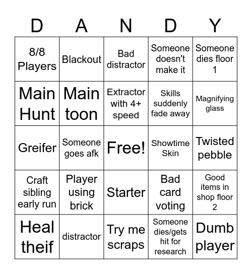 Dandy's World Bingo Card