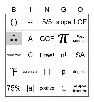 Mixed math Bingo Card