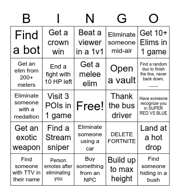 Fortnite BINGO Card