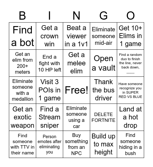 Fortnite BINGO Card