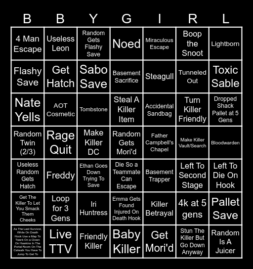 Dead By Daylight Bingo! Bingo Card