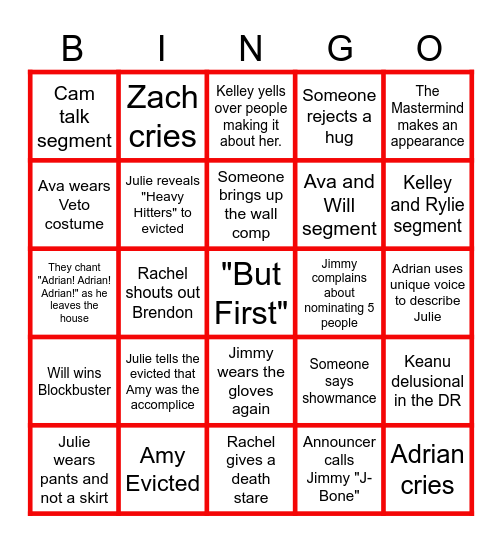 BB27 Eviction Episode #2 Bingo Card Bingo Card
