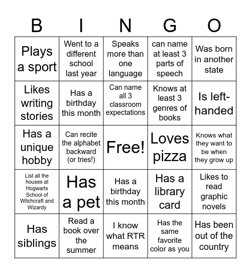 Getting To Know You Bingo Card