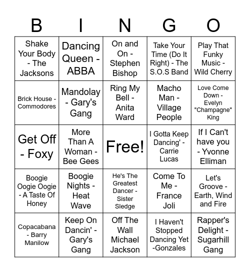Dancing 70's Disco Hits Bingo Card