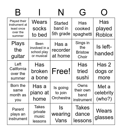 Wind Ensemble Bingo! Bingo Card