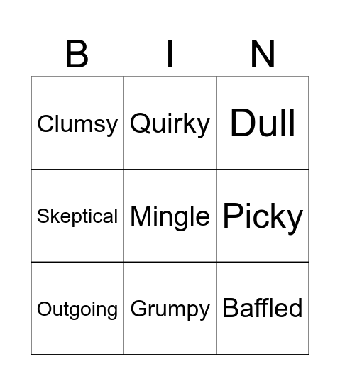 Vocabulary words Bingo Card