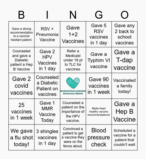 National Immunization Awareness Month Bingo Card