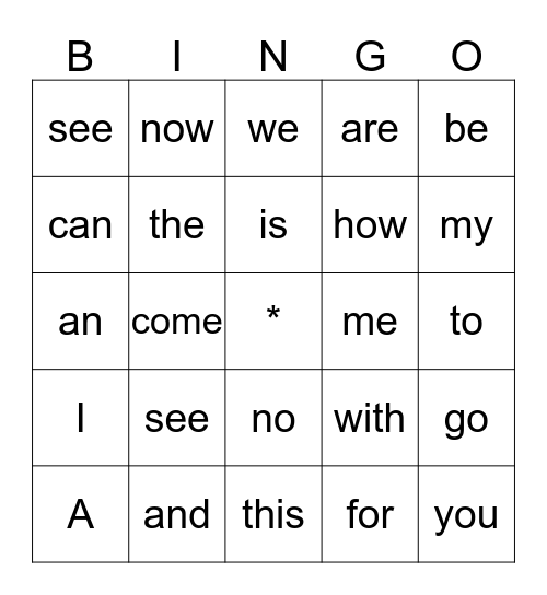 Site Word Bingo Card
