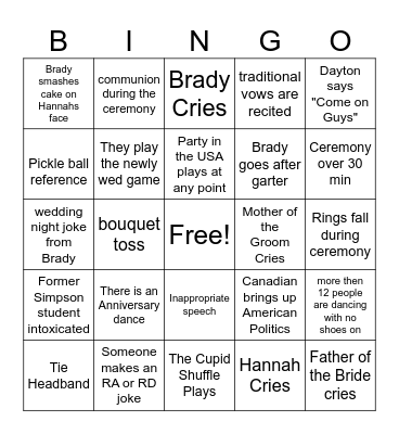 B & H Wedding Bingo Card