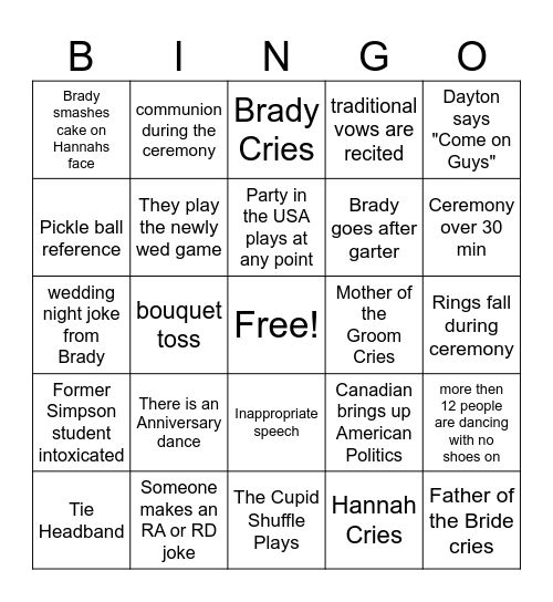 B & H Wedding Bingo Card
