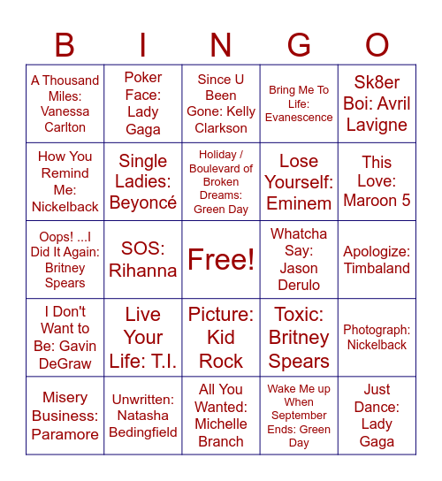 Singo: 2000's Hits Bingo Card