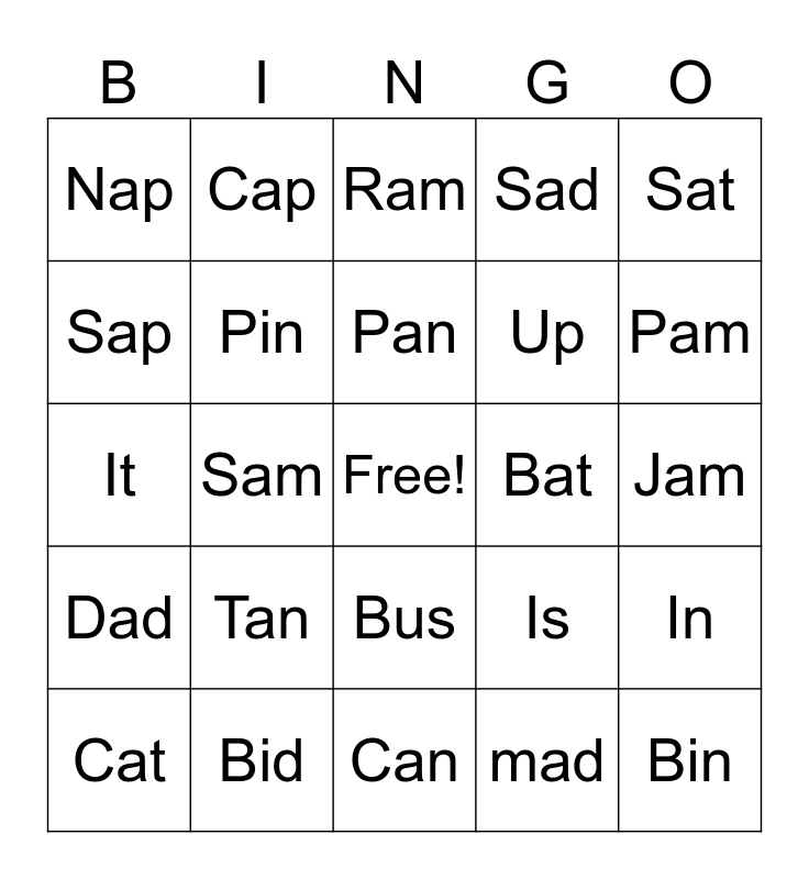 CVC Words Bingo Card