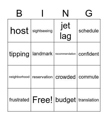 Travel Vocabulary Bingo Card