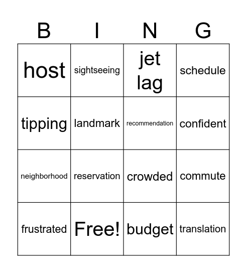 Travel Vocabulary Bingo Card