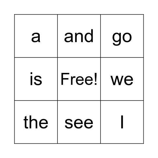 Sight Words Bingo Card