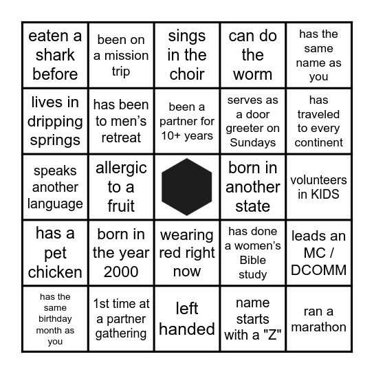 Partner Gathering Bingo Card