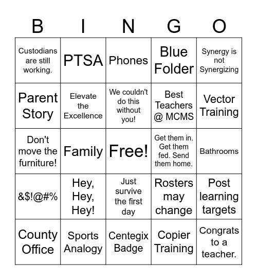 Welcome Back Bingo Card