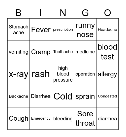 Health & Sickness Bingo Card