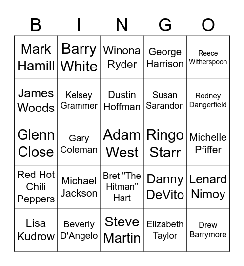 Simpsons Celebs Bingo Card