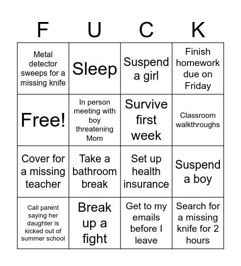 Kenny’s First Week of Admin Bingo Card