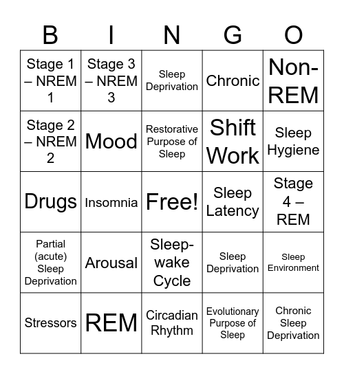 Sleep Bingo Card