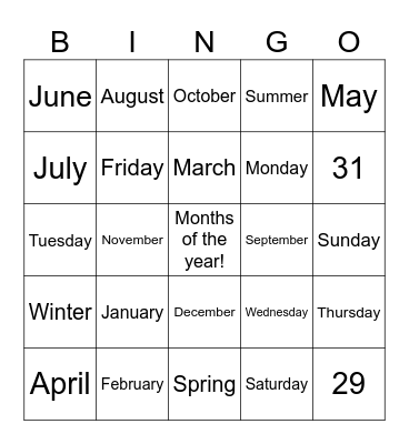 Months of the Year Bingo Card