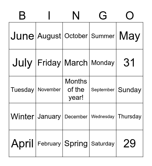 Months of the Year Bingo Card