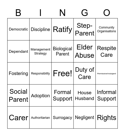 Parenting and Caring Bingo Card