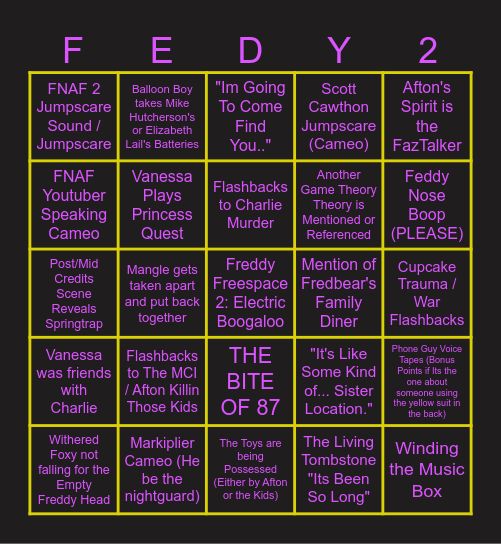 Frederick Fazbearington Film 2 Bingo Card