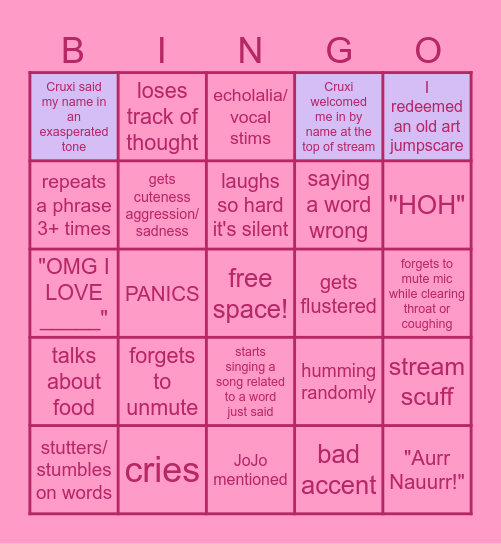 Cruxiqutie Bingo Card