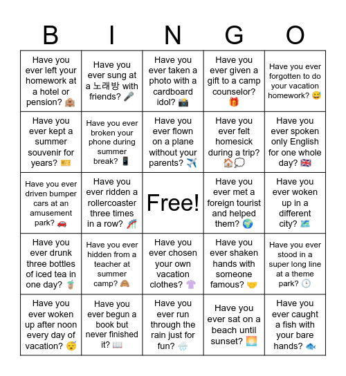 Summer Vacation PP Questions Bingo Card